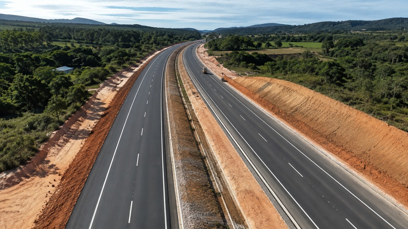 Vista aérea de rodovia duplicada concluída, com taludes de corte executados e pista livre em curva